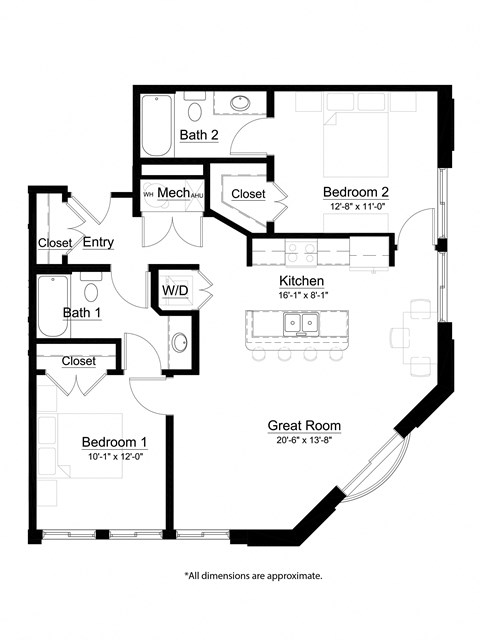 Floor plan for 2 beds, 2 baths, 1014 sqft