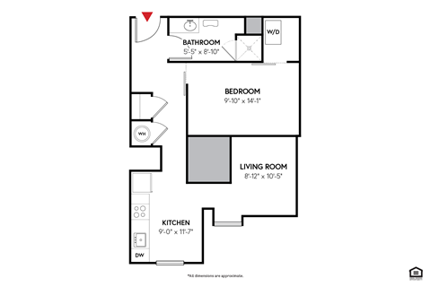 Floor plan for studio, 1 bath, 580 sqft