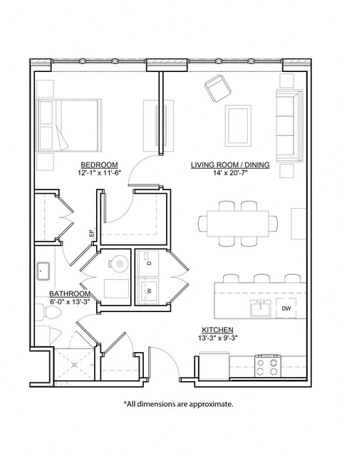 Floor plan for 1 bed, 1 bath, 814 sqft