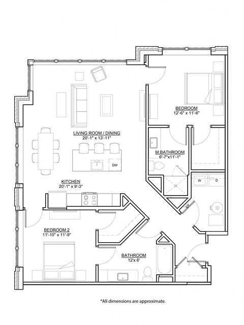 Floor plan for 2 beds, 2 baths, 1171 sqft