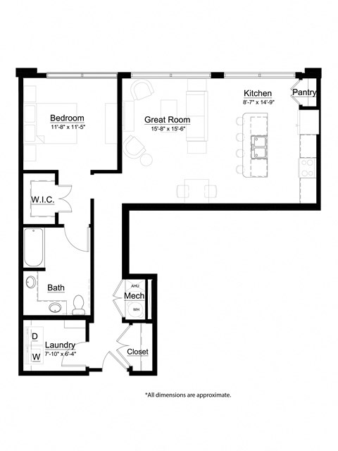 Floor plan for 1 bed, 1 bath, 922 sqft