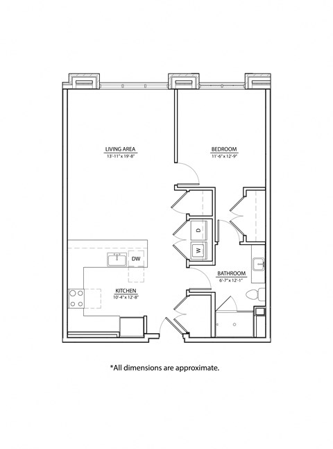 Floor plan for 1 bed, 1 bath, 834 sqft