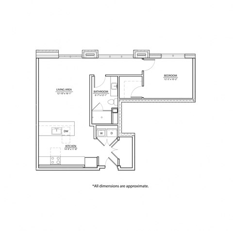 Floor plan for 1 bed, 1 bath, 775 sqft