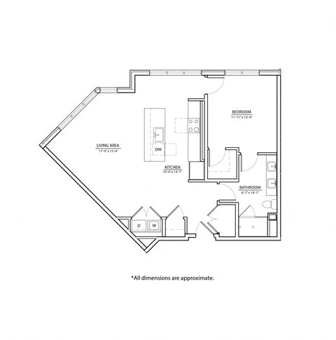 Floor plan for 1 bed, 1 bath, 900 sqft