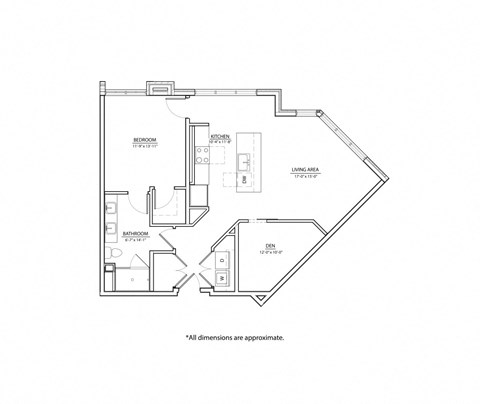 Floor plan for 1 bed, 1 bath, 917 sqft