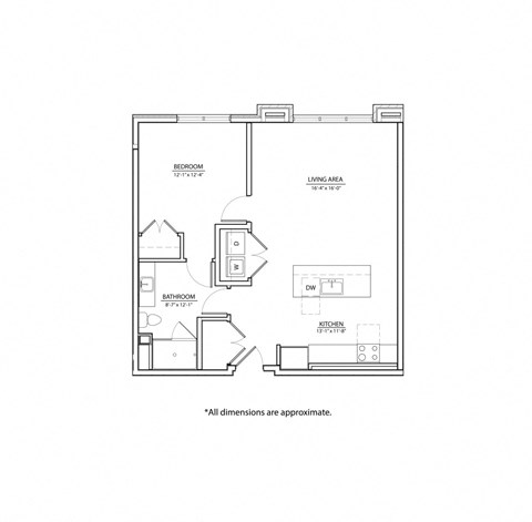 Floor plan for 1 bed, 1 bath, 802 sqft