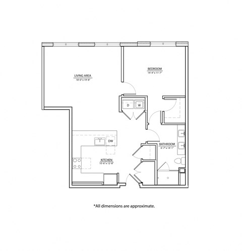 Floor plan for 1 bed, 1 bath, 930 sqft