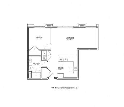 Floor plan for 1 bed, 1 bath, 858 sqft