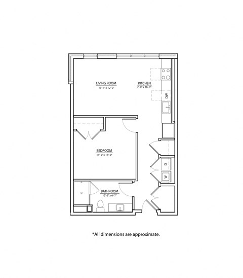 Floor plan for 1 bed, 1 bath, 687 sqft
