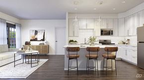 Pikesville apartment for rent - a rendering of a kitchen and living room with white cabinets and a white countertop at The Encore at Ingram Manor, Maryland