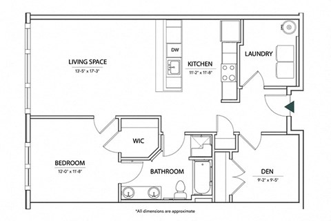 Floor plan for 1 bed, 1 bath, 930 sqft