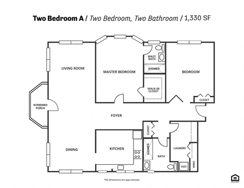 Floor plan for 2 beds, 2 baths, 1330 sqft