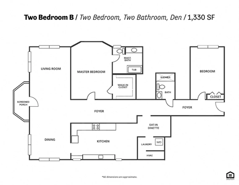 Floor plan for 2 beds, 2 baths, 1330 sqft