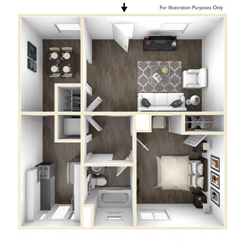 Floor plan for 1 bed, 1 bath, 650 sqft