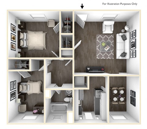 Floor plan for 2 beds, 1 bath, 850 sqft