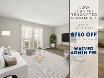 Atlanta apartment for rent - A living room with a sofa, a table, and a TV, with an advertisement for leasing renovated apartments.