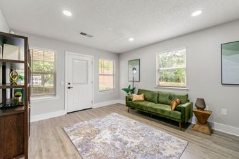 A living room with a green couch and a rug