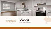 Atlanta apartment for rent - A kitchen interior with a promotion for September move-in special offering $500 off the first month's rent.