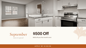 Atlanta apartment for rent - A kitchen interior with a promotion for September move-in special offering $500 off the first month's rent.