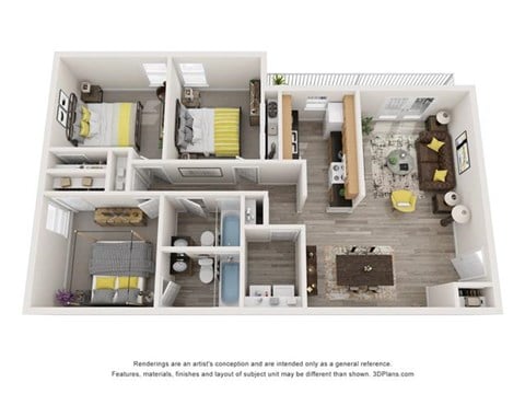 Floor plan for 3 beds, 2 baths, 1052 sqft