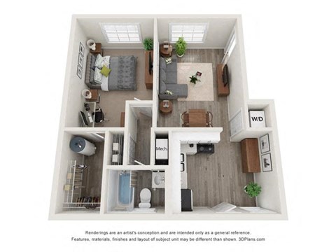 Floor plan for 1 bed, 1 bath, 625 sqft