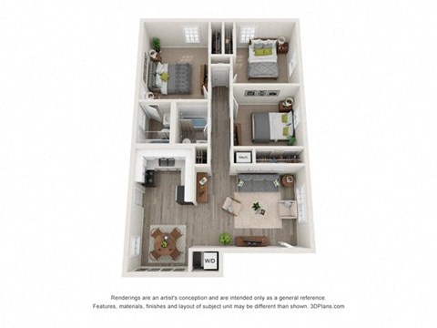 Floor plan for 3 beds, 2 baths, 1600 sqft