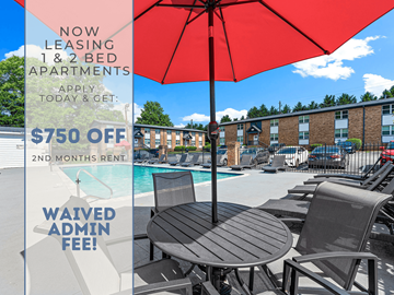 Smyrna apartment for rent - A red umbrella is in the foreground of a poolside image advertising a $750 off second month's rent for a 1 & 2 bed apartment.