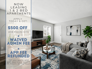Lawrenceville apartment for rent - A living room with a sign offering $500 off for leasing 1 & 2 bed apartments.