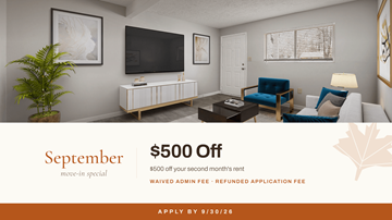 Marietta apartment for rent - A living room with a September move-in special offer.