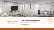 Smyrna apartment for rent - A room with a couch, a television, and a dining table is on display for a one month free rent offer.
