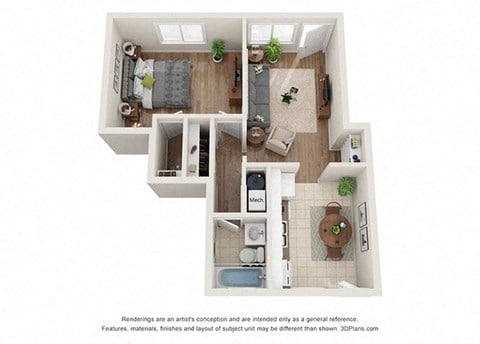 Floor plan for 1 bed, 1 bath, 607 sqft