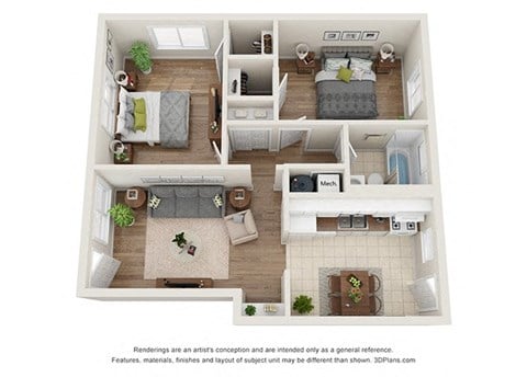 Floor plan for 2 beds, 1 bath, 740 sqft