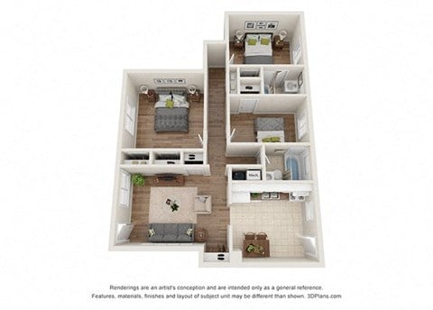 Floor plan for 3 beds, 2 baths, 965 sqft