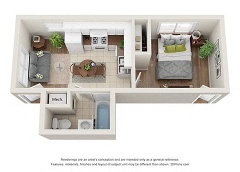 Floor plan for studio, 1 bath, 332 sqft