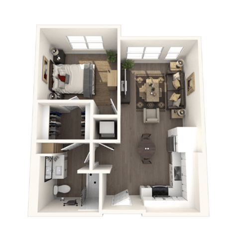 Floor plan for 1 bed, 1 bath, 607 sqft