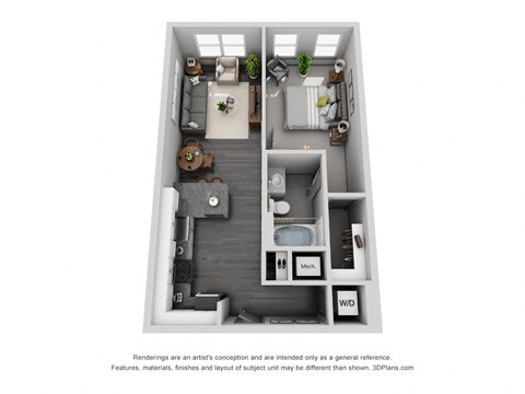 Floor plan for 1 bed, 1 bath, 672 sqft