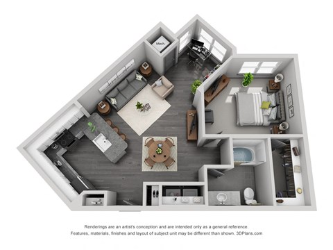 Floor plan for 1 bed, 1 bath, 839 sqft
