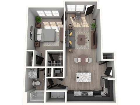 Floor plan for 1 bed, 1 bath, 761 sqft