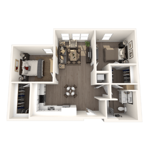 Floor plan for 2 beds, 1 bath, 833 sqft