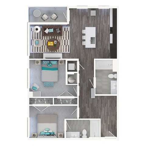 Floor plan for 2 beds, 2 baths, 1053 sqft