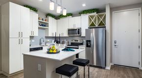 Tampa apartment for rent - a kitchen with a large island and stainless steel refrigerator