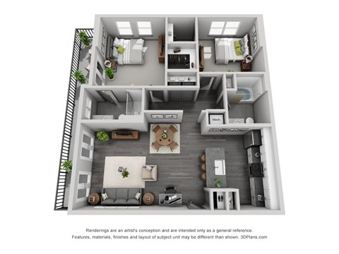 Floor plan for 2 beds, 2 baths, 1155 sqft