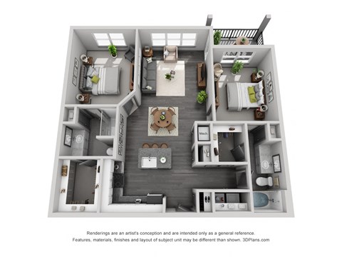 Floor plan for 2 beds, 2 baths, 1202 sqft