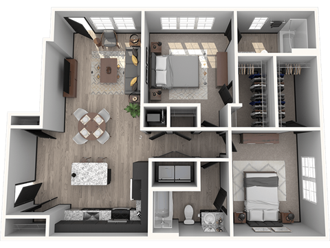 Floor plan for 2 beds, 2 baths, 1064 sqft
