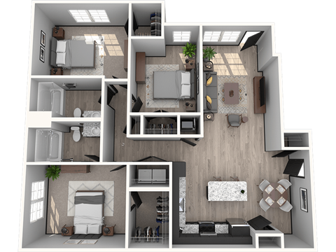Floor plan for 3 beds, 2 baths, 1334 sqft