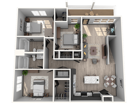 Floor plan for 3 beds, 2 baths, 1436 sqft