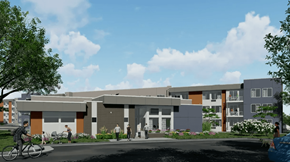 Colorado Springs apartment for rent - A modern building with a bicycle parked in front.