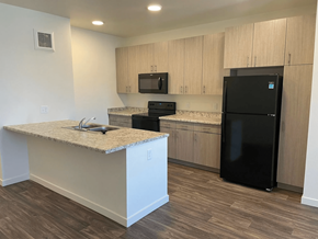 Colorado Springs apartment for rent - A kitchen with a black fridge and a granite counter top.