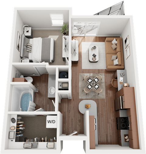 Floor plan for 1 bed, 1 bath, 686 sqft