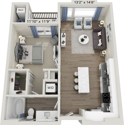Floor plan for 1 bed, 1 bath, 730 sqft